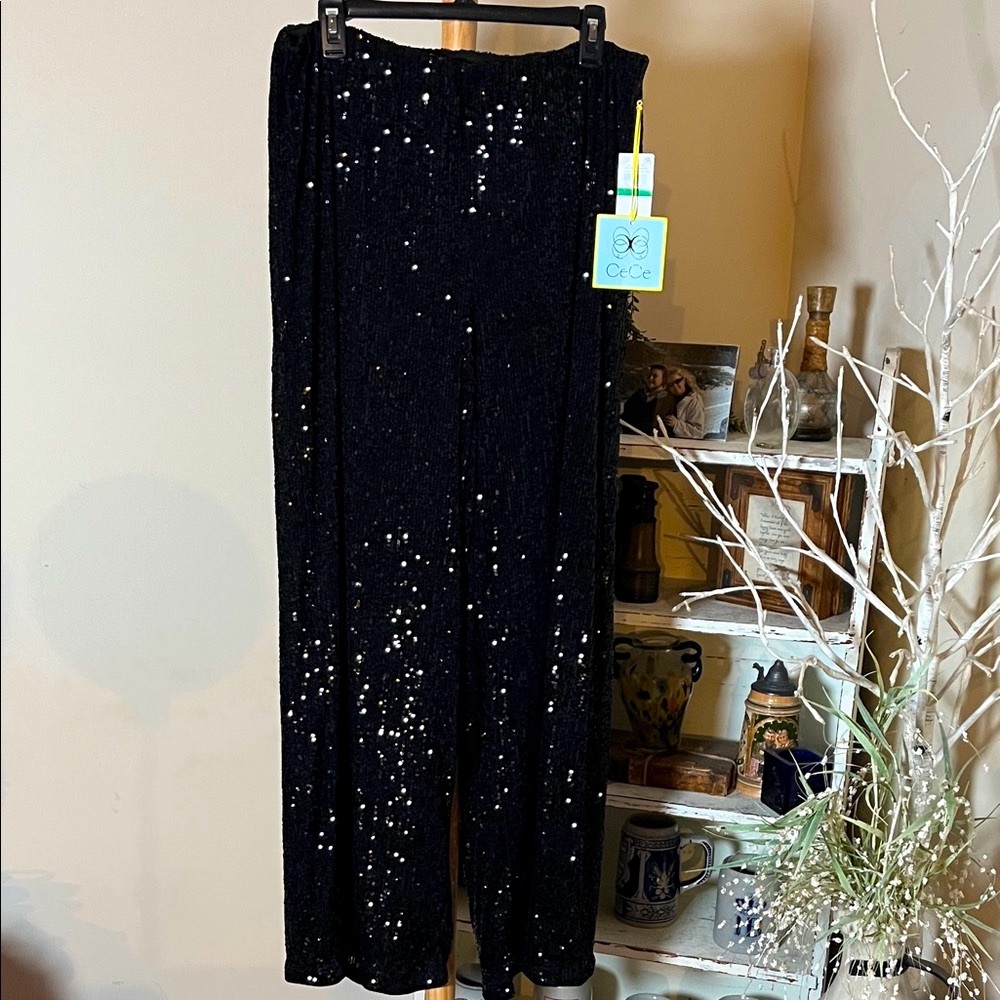 💙NWT CeCe L Gorgeous Black Sequin Wide Leg pull-on pants,elastic waist band